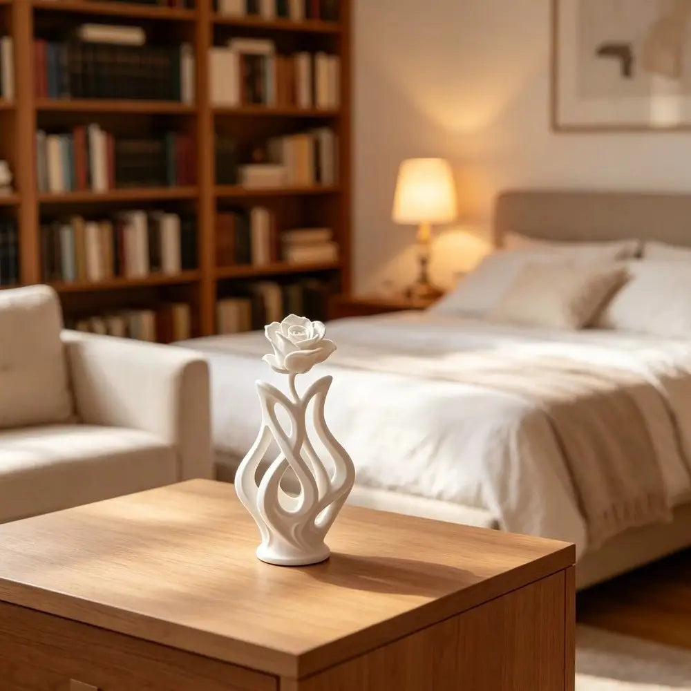 White ceramic vase with a sculpted flowing design and a delicate rose atop modern rose sculpture figurine home decor.