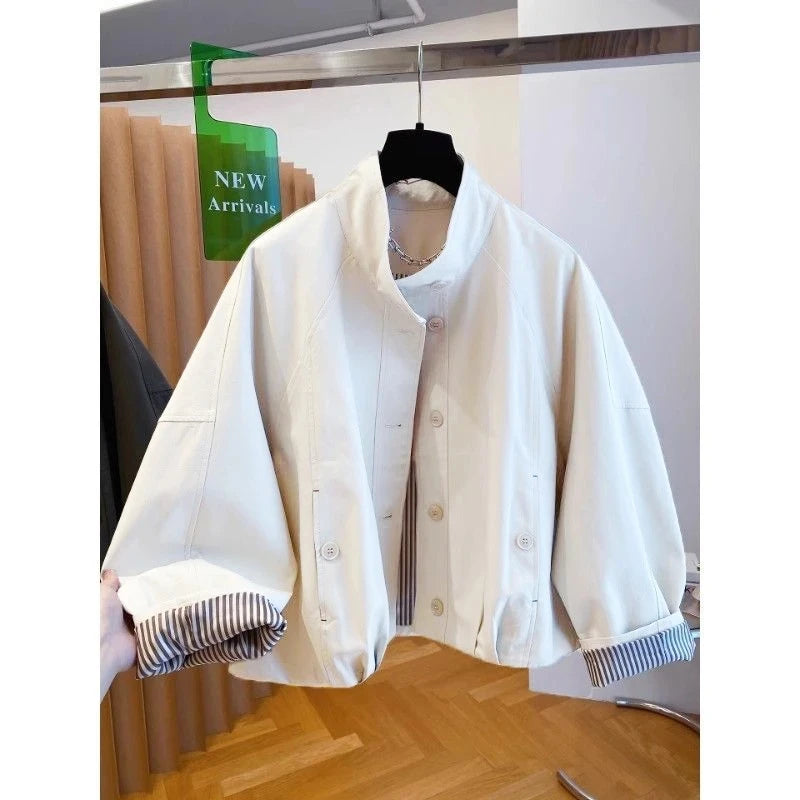 Women Short Trench Coats Striped Lining Loose Windbreaker Jackets Single Breasted Stand Collar Casual Tops Spring Autumn New