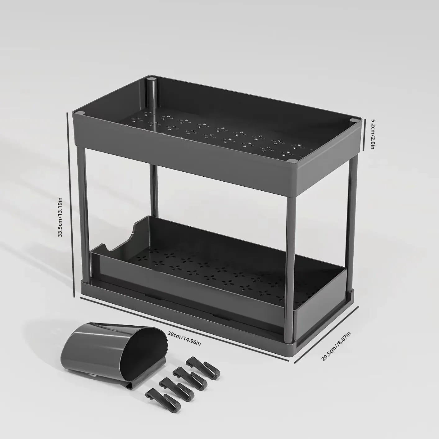 black two-tier plastic storage rack with perforated shelves and included hooks under sink organizer sliding basket made in mainland china