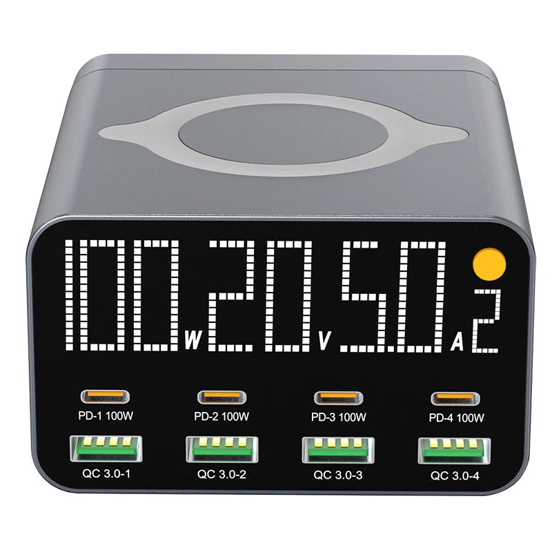 80W/120W 8 Ports Charger station Digital Display USB Type C With Wireless Charger PD QC3.0 Quick Charger For Laptop Tablet Phone