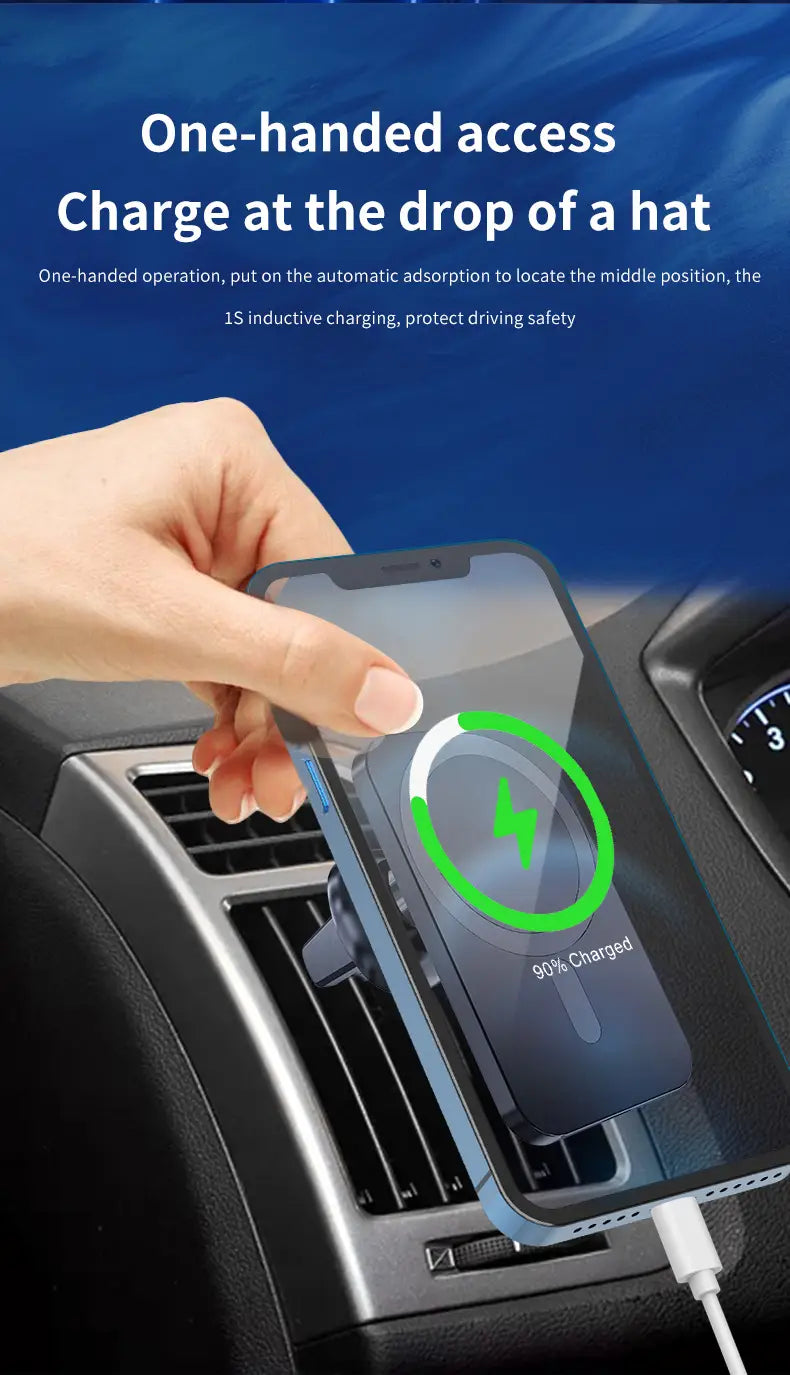 a sleek black magnetic car wireless charger with a circular charging pad is securely attached to a car dashboard for iphone by vikefon