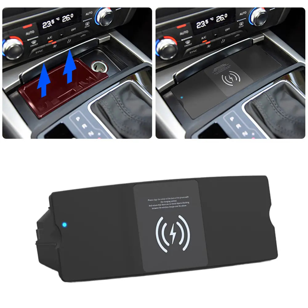 Black wireless phone charger pad with a matte finish and integrated charging symbol designed for Audi A6 A7 15w fast wireless car charging.