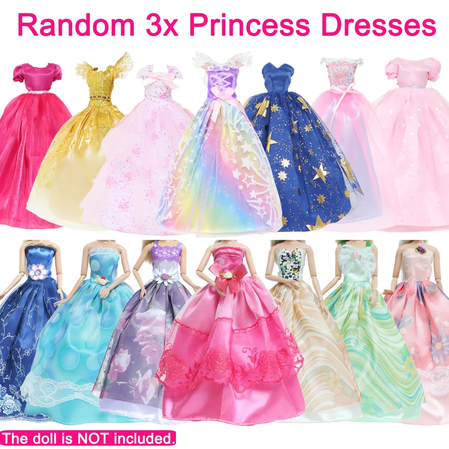 a collection of six vibrant satin finish princess dresses in assorted colors for barbie dolls from the doll accessories set 50 piece fashion outfit collection