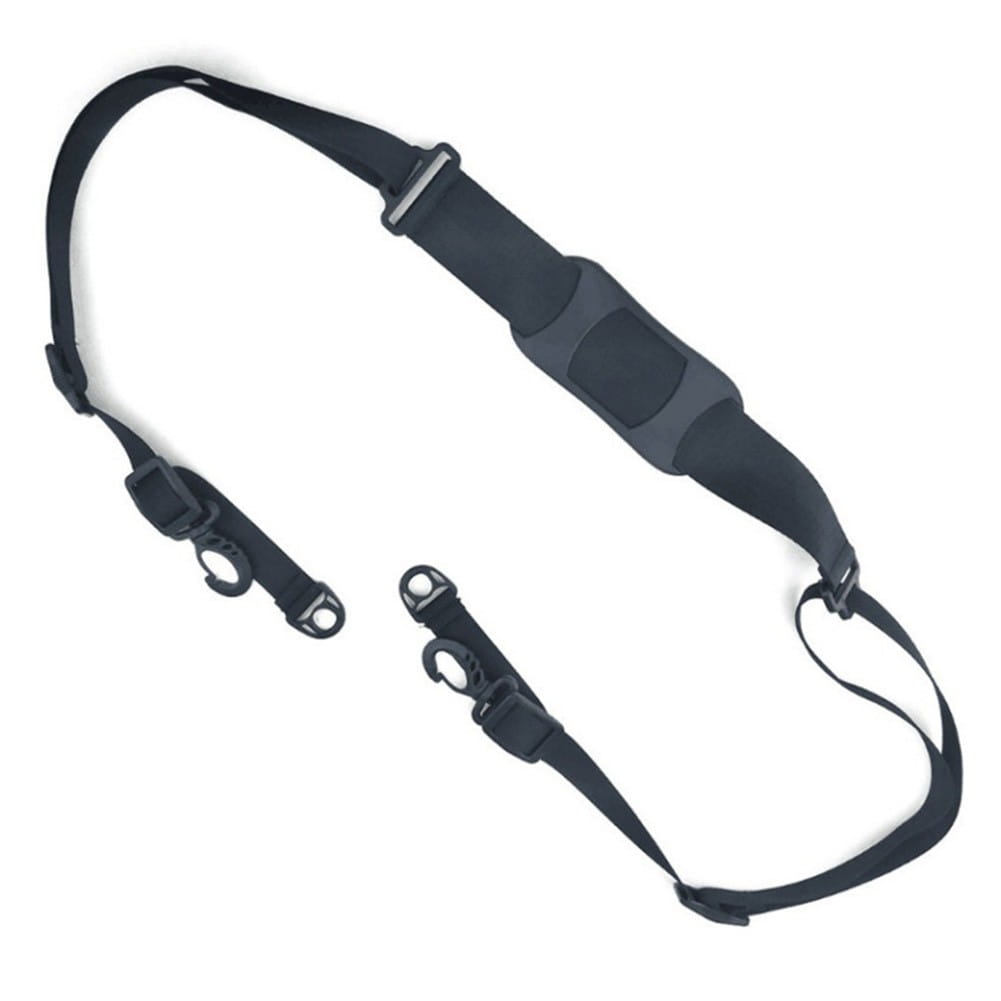 black adjustable electric scooter carrying strap made of nylon with padded shoulder section and metal hooks