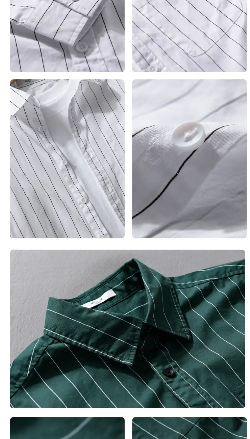 Gestreifte Herren-Hemden mit langem Ärmel, leger, im Design Weiß und Grün mit Nadelstreifen, mit kontrastierenden Nähten für einen stilvollen Alltagslook.