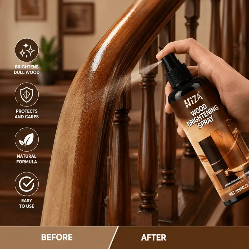 Bouteille noire de pulvérisation de spray éclaircissant pour bois Hiza, avec un embout noir et une étiquette à motif de grain de bois marron, conçue pour le spray pour lustrage du bois et l’élimination des rayures.