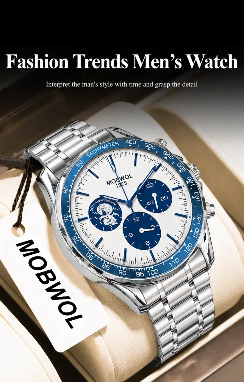 Herren-Silber-Chronograph-Quarzarmbanduhr aus Edelstahl mit weißem Zifferblatt und blauen Hilfszifferblättern sowie Einfassungsmarkierungen mit dem Markennamen mobwol.