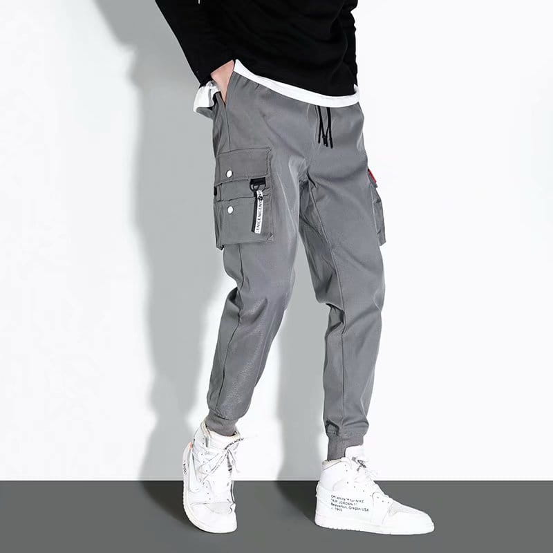 Schwarze Herren-Tactical-Cargo-Hosen in Grau mit mehreren Taschen und Kordelzug am Bund für Freizeit-Workwear-Jogger.