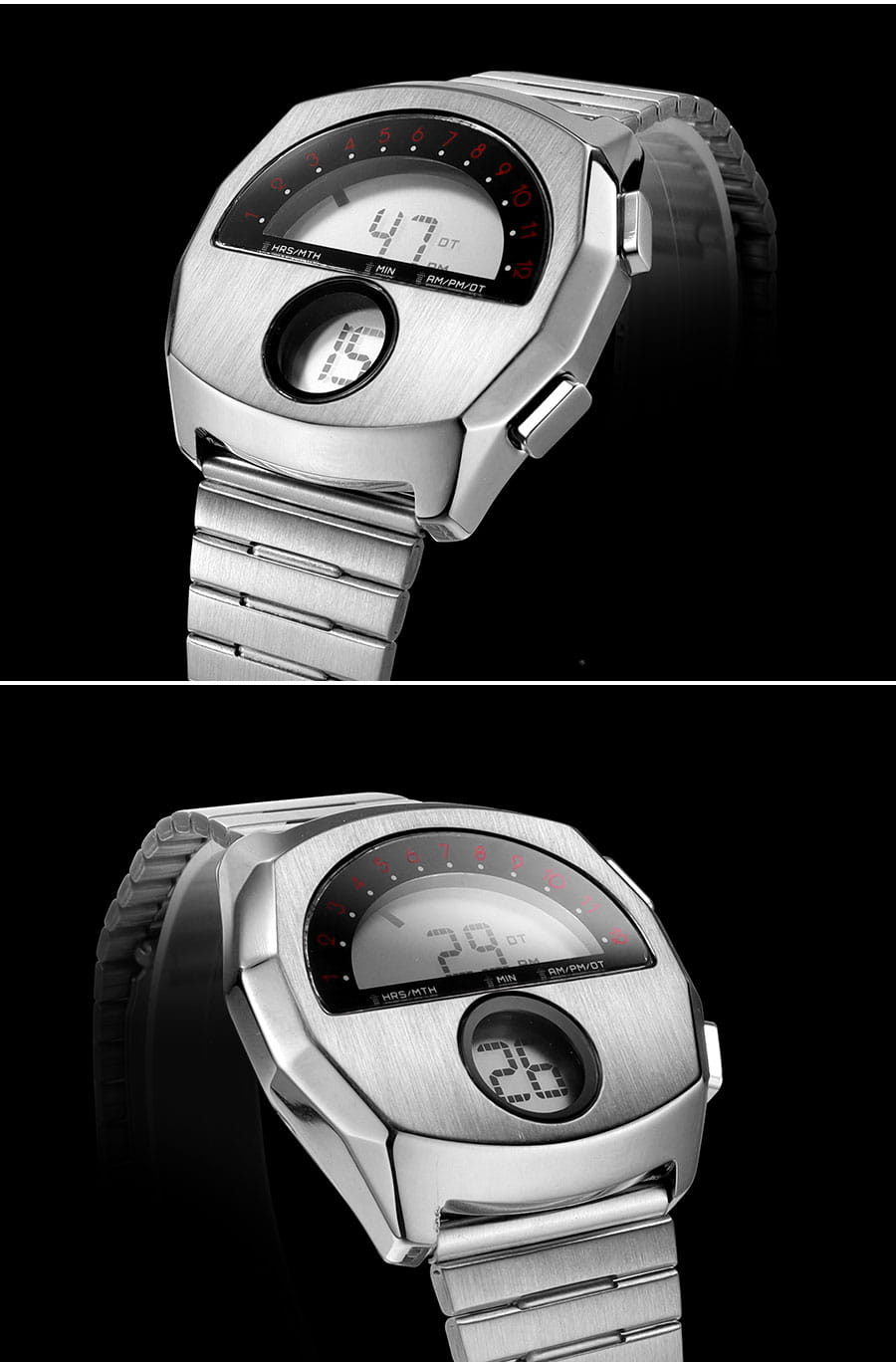 Megir men stainless steel digital watch featuring a silver brushed metal case and bracelet with dual displays including an analog-style dial with red markings and a smaller circular digital screen.
