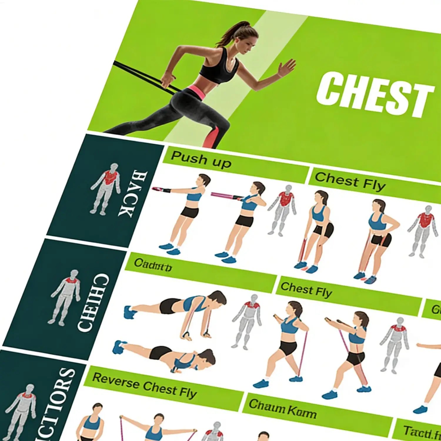 Green and white illustrated resistance band workout poster featuring chest exercises for fitness training guidance.