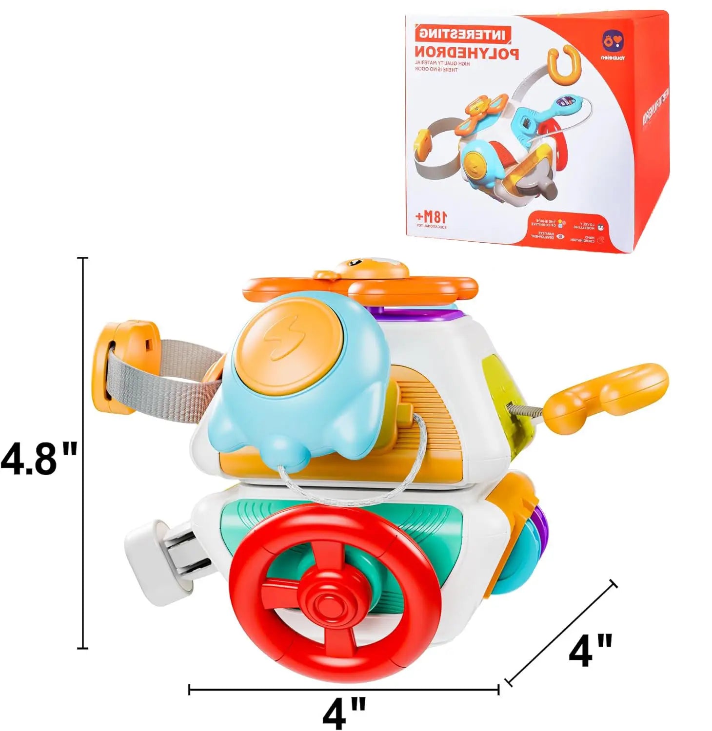 Jouet de voyage cube d’occupation Montessori en plastique : voiture avec volant rouge, guidons orange et accents bleus.