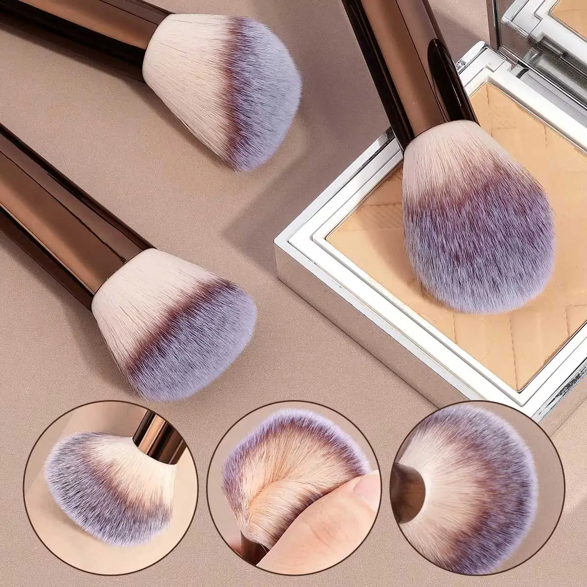 set of three makeup brushes with rose gold handles and gradient purple to white bristles shown near a compact powder case from a professional 13-piece cosmetic kit