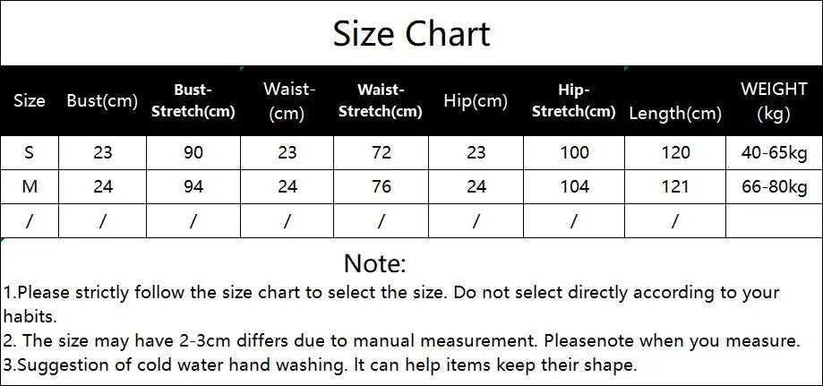 Size chart for fishnet see through long romper showing measurements in centimeters and weight ranges from small to medium with notes on measurement accuracy and care instructions.