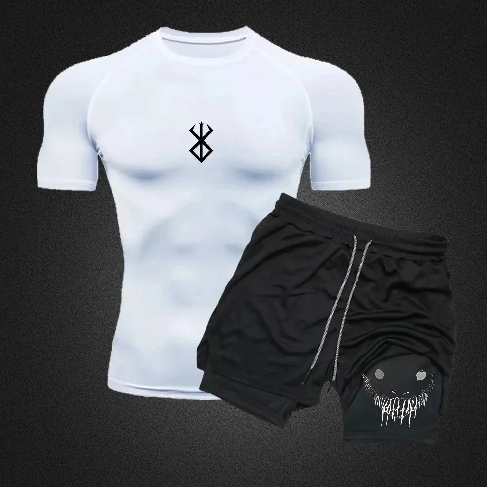 Men Compression Athletic Fitness Wear - Quick-Dry Tight Short-Sleeve Anime Double-Layer Shorts Summer Set Fitness Running Set