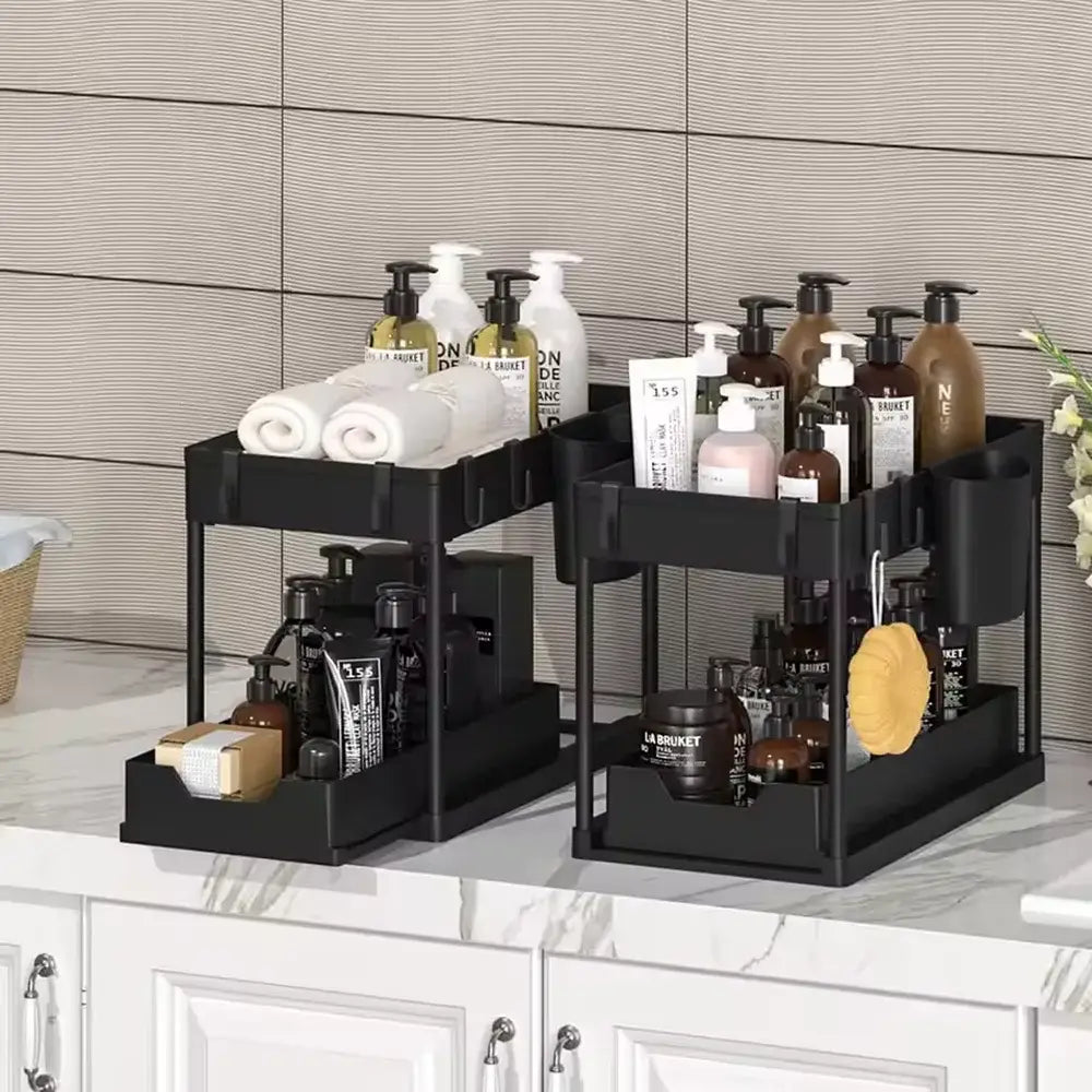 black two-tiered under sink organizer with sliding trays and integrated bottle holders made in mainland china for bathroom storage