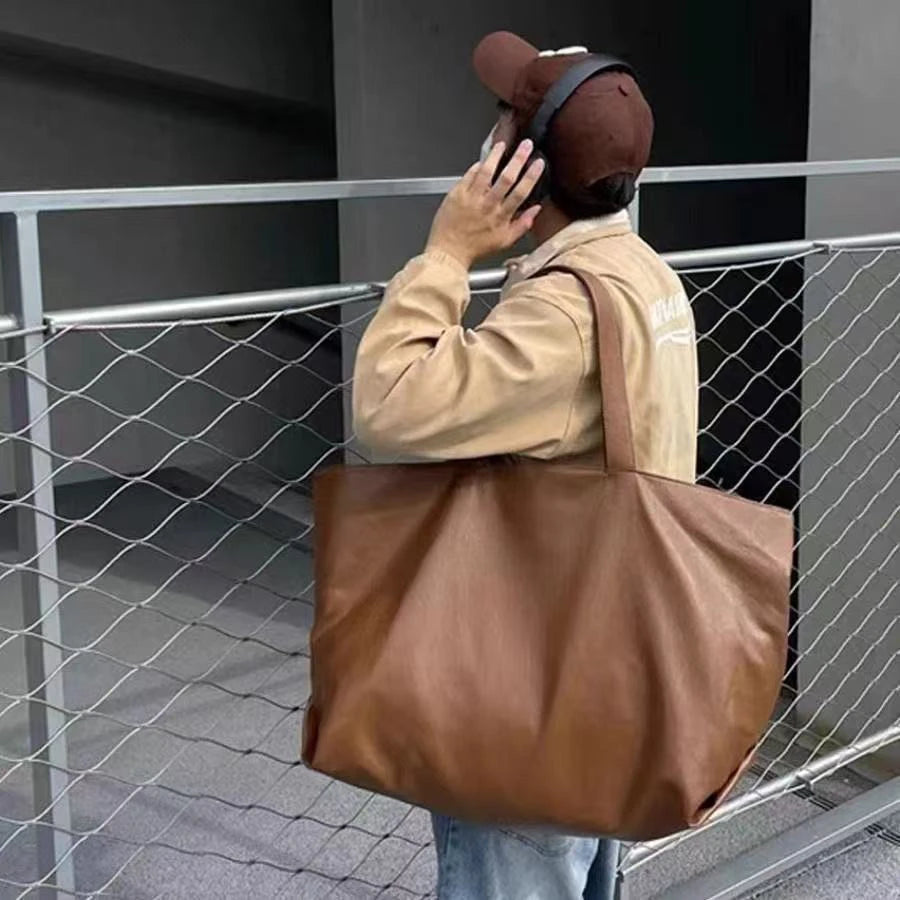 Casual Large Capacity Soft Leather Single Shoulder Tote Bag for Men And Women Commuting Traveling Shopping Leisure Bag