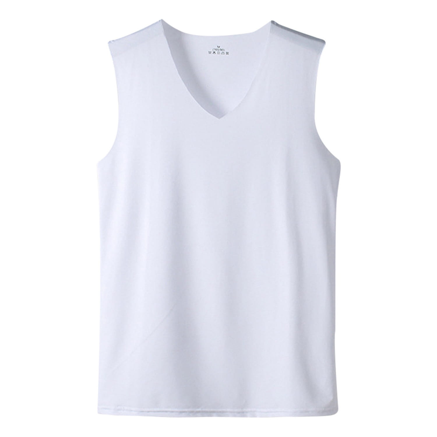 white sleeveless men ice silk v-neck tank top made of smooth lightweight fabric designed for comfort and breathability.
