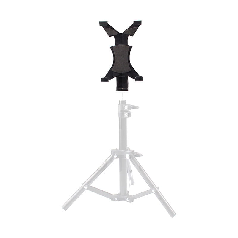 black plastic tablet stand with adjustable arms and central clamp designed as a tablet holder tripod mount for ipad and smartphones