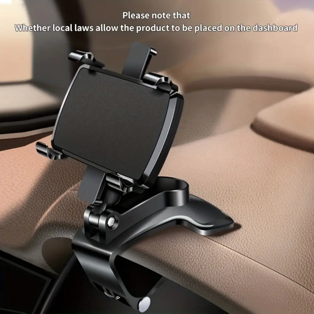 Schwarze magnetische Halterung für ein Smartphone im Auto mit verstellbarer Klemme und gegliedertem Arm zur Montage am Armaturenbrett mit 360°-Drehung.