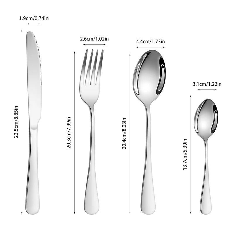 6/16/24pcs Silver stainless steel cutlery Western round handle knifefork and spoon cutlery set suitable for family dinner hotel