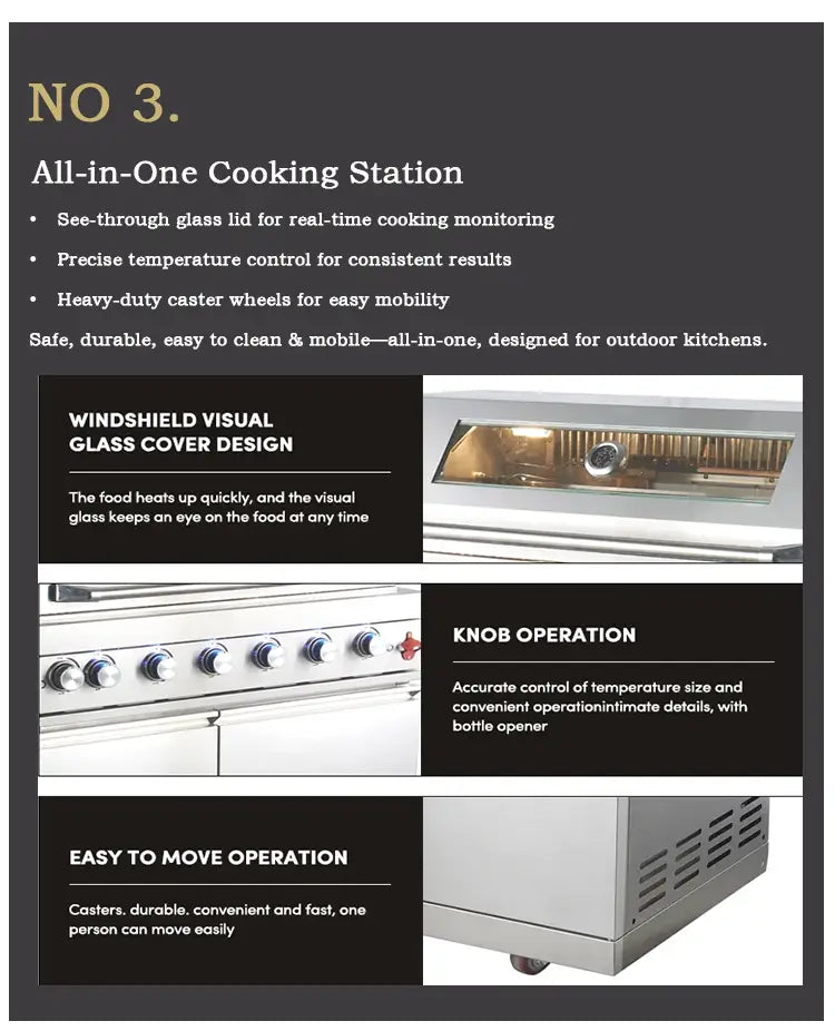 Outdoorkücheninsel und Grill-Set aus silbernem Edelstahl mit einer One-in-One-Kochstation, mit durchsichtiger Glashaube, blauen und silbernen Knöpfen sowie robusten Lenkrollen.