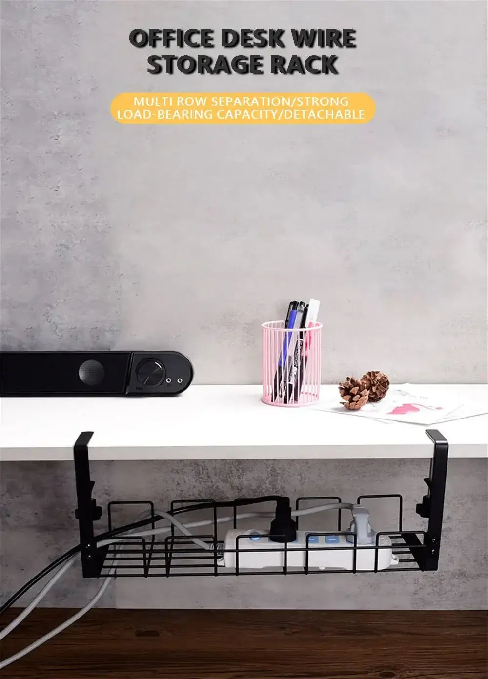 under desk cable management tray metal wire rack in black features detachable brackets and multi-row separation for organizing cables.