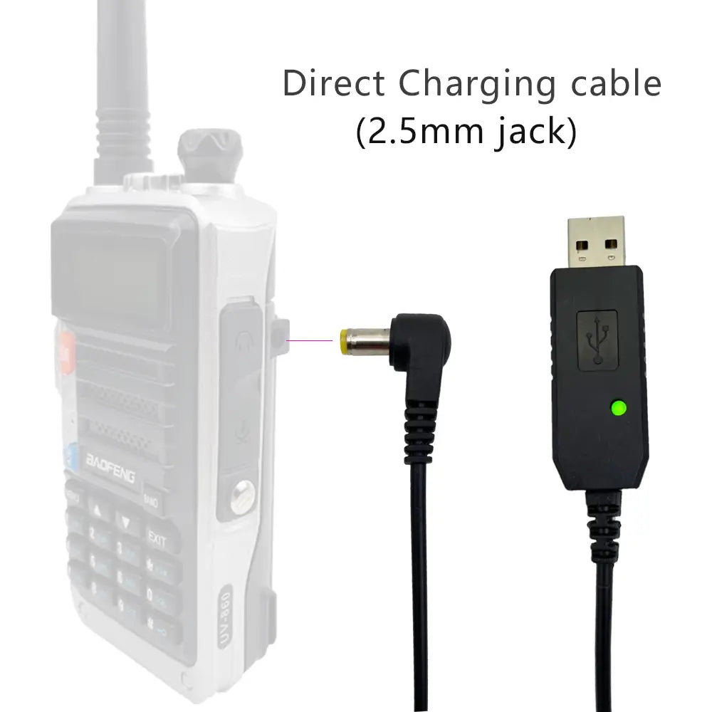 Black usb charger cable with 2.5mm jack connector and green indicator light designed for Baofeng walkie-talkies use.