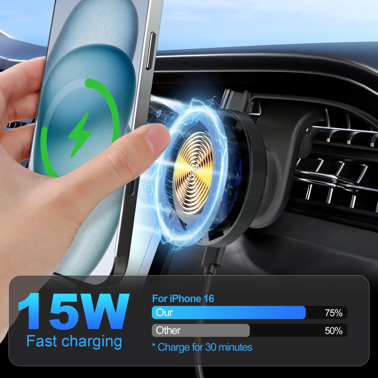 A sleek black wireless car charger with a magnetic base and 15w fast charging capability designed for iphone 16, ideal for car wireless charging and fast charging needs.