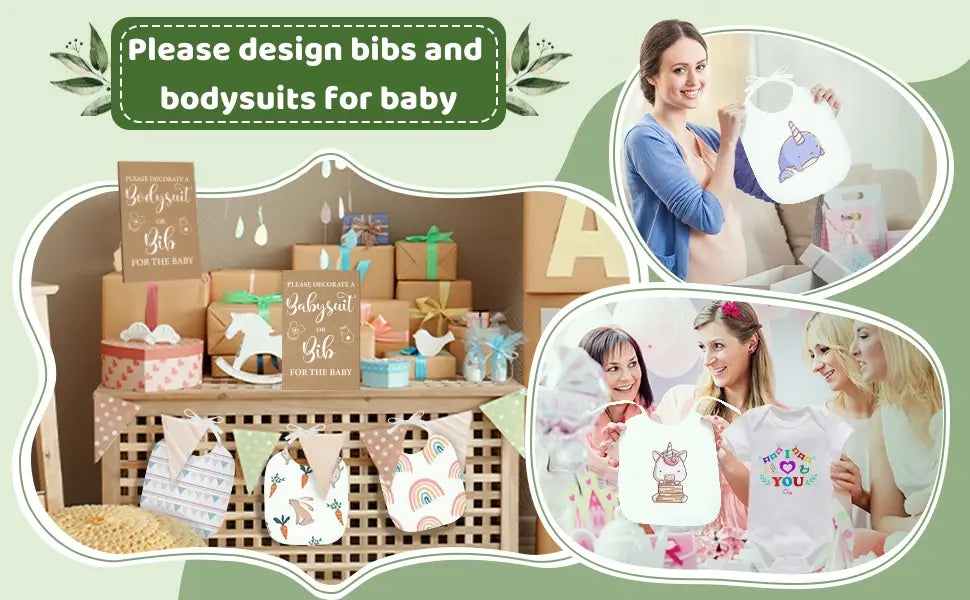 white unicorn-themed baby bib made of soft fabric with embroidered details featured in a baby shower diy bodysuit and bib decorating game kit.