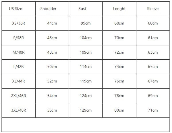 Size chart for gold sequin sleeve black satin blazer men showing shoulder bust length and sleeve measurements in centimeters for US sizes XS 36R through 3XL 48R.