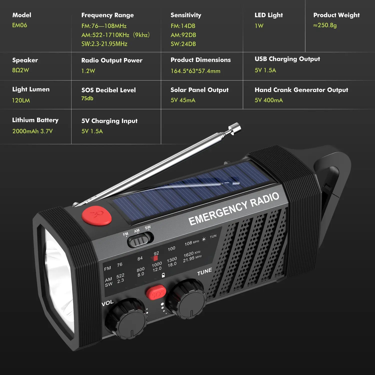 Radio de emergencia solar negra con manivela manual, panel solar, luz LED, bandas AM/FM/SW y salida de carga USB para uso en exteriores y en emergencias.