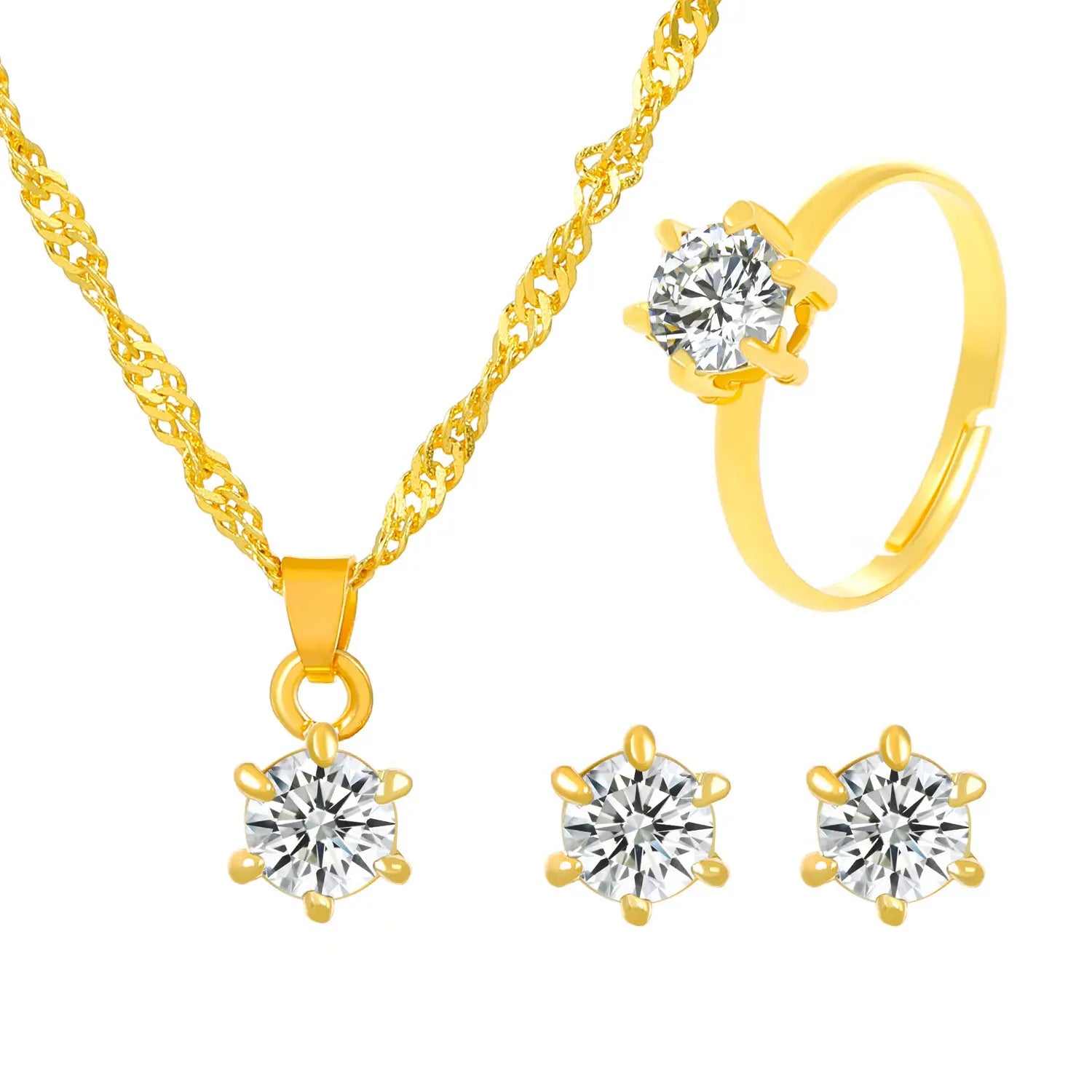Juego de joyería de 5 piezas con circonitas cúbicas de color dorado, que presenta un collar de cadena trenzada con dije a juego, un anillo ajustable y aretes tipo botón con piedras de circonita cúbica transparente en engastes de seis puntas.