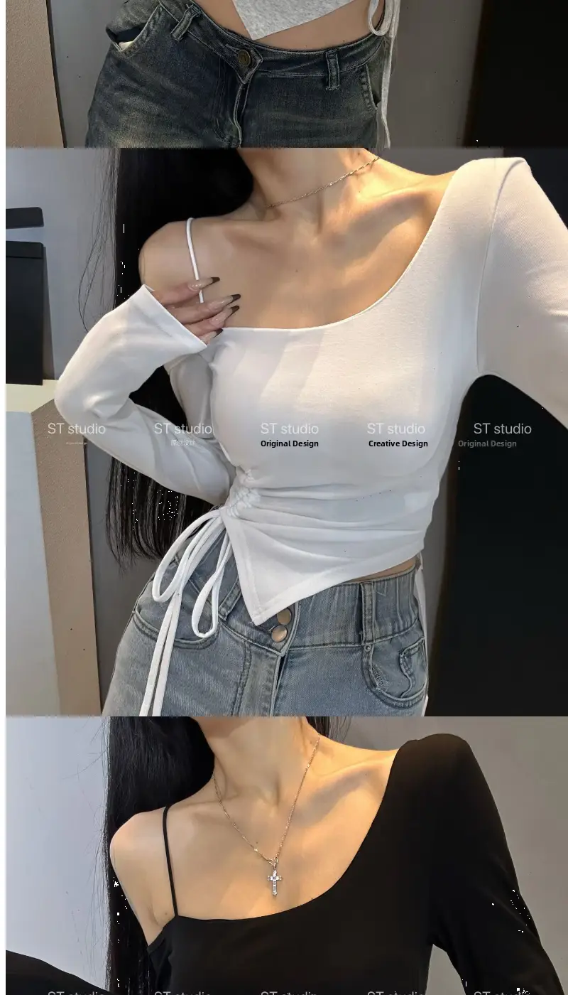 White off the shoulder long sleeve top with square neckline and tied waistband featuring a slimming effect suitable for daily wear.