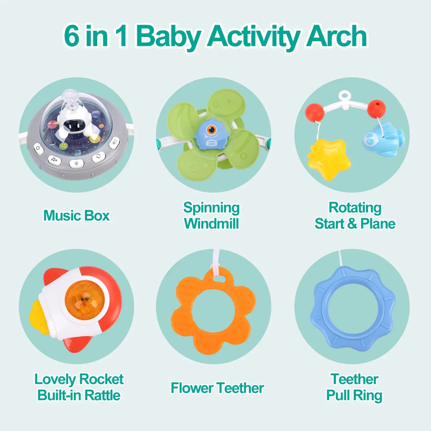 L’arche d’activités pour bébé 6 en 1 comprend six jouets souples en plastique colorés, dont une boîte de musique avec boutons et lumières, conçue pour une utilisation avec les jouets d’arche pour poussette dans le centre d’activités marin