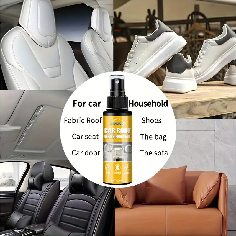 「car roof refinishing wax（カールーフ リファイニング ワックス）」と「Zhenqiu（ジェンチウ）」の表記があり、黒いノズルを備えた洗練された琥珀色のスプレーボトルで、「自動車用内装ディテイリングスプレー」および「レザークリーナー」向けに設計されています。