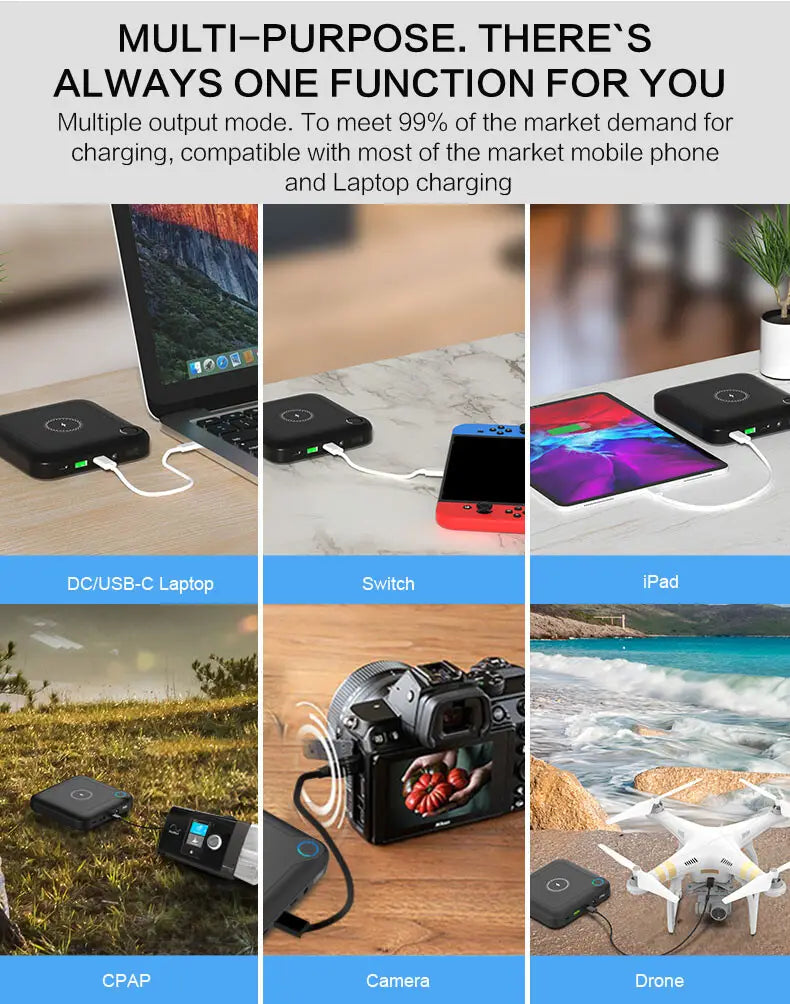 black rectangular wireless charging pad with circular center and green indicator lights featured on 20000mah laptop power bank with wireless charging width 750px height