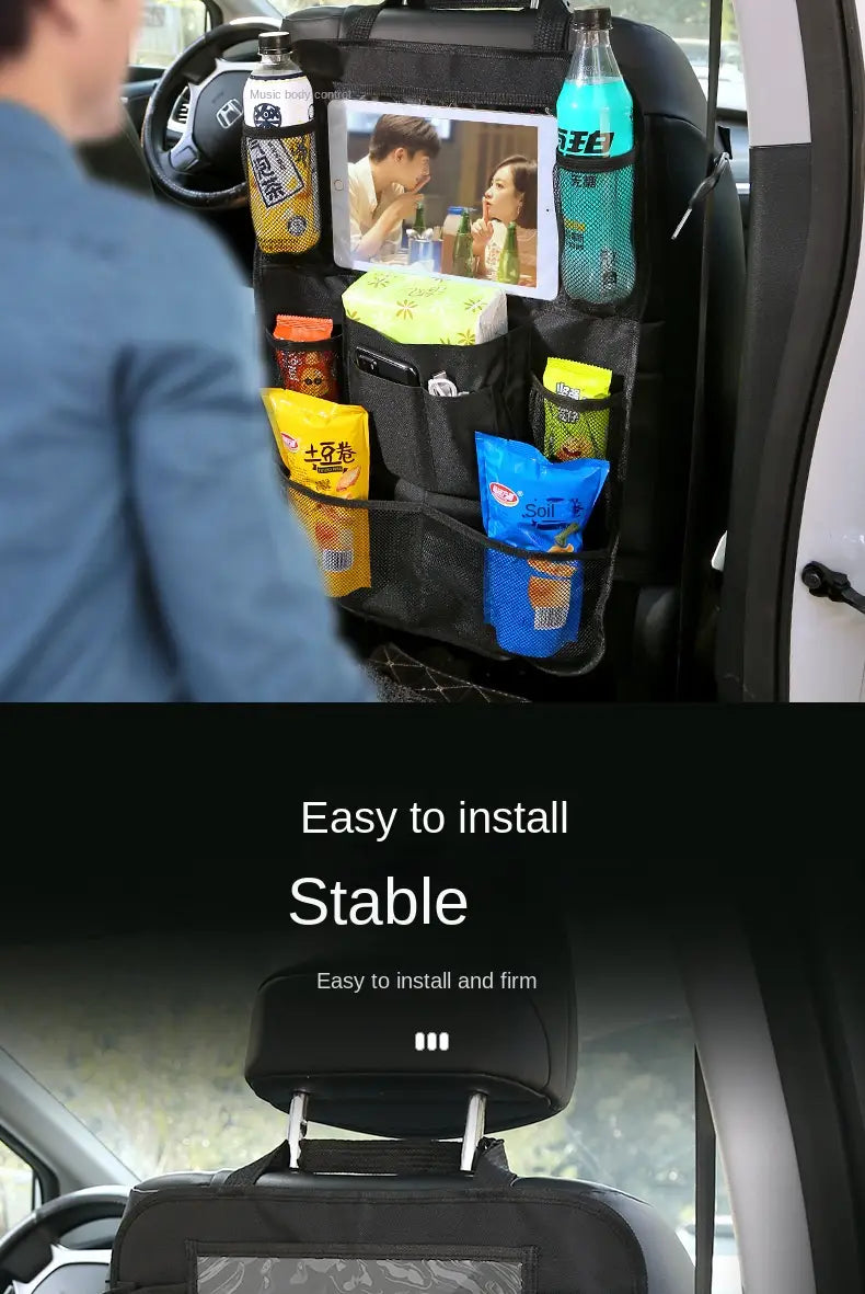black mesh car backseat organizer with multiple pockets holding snacks and a tablet featuring a built-in tablet holder
