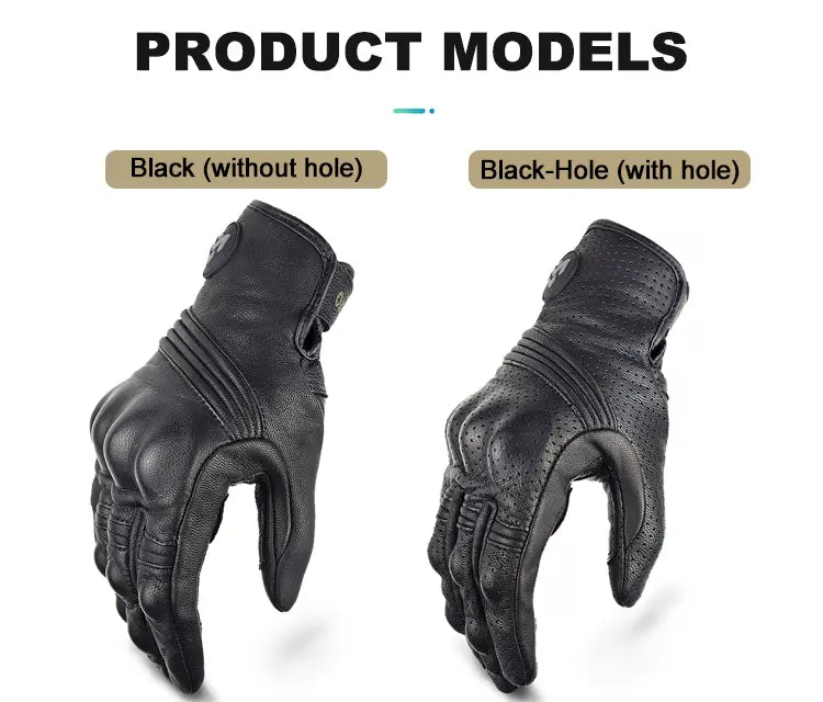 Gants de moto en cuir pour homme respirants et perforés en noir, avec un rembourrage renforcé des doigts et une paume perforée pour une meilleure aération, vus côté arrière.