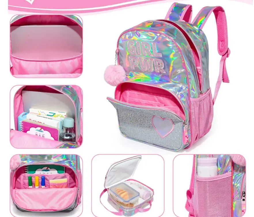 Schulrucksack-Set für Mädchen holografisch mit einem glänzenden pinken und silbernen Design mit einem Motiv „Girl Power“, herzförmigem glitzerndem Reißverschluss-Anhänger und passenden pinkfarbenen Trägern.