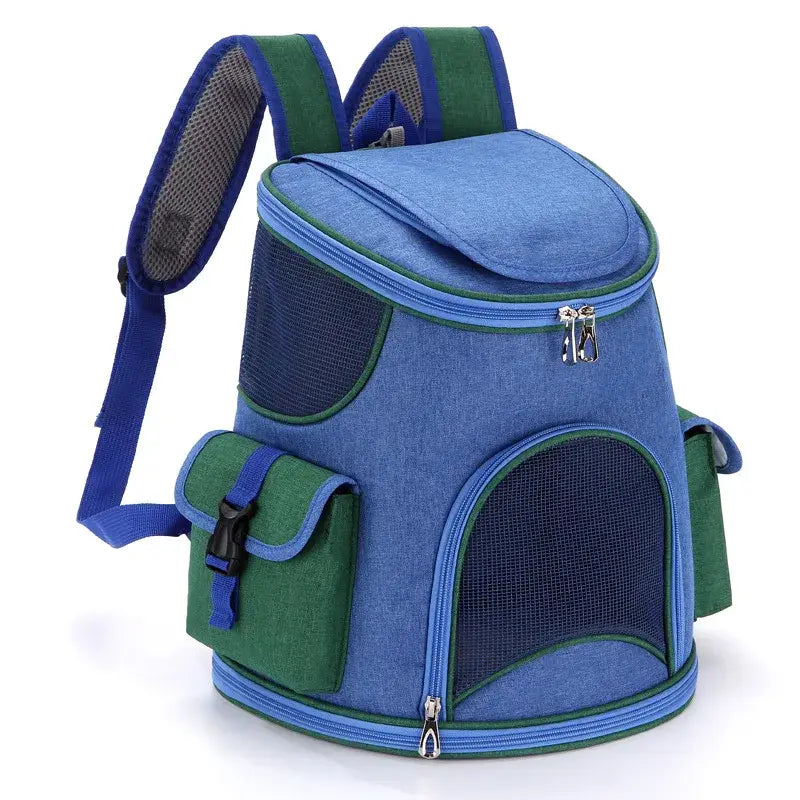Mochila de viaje para mascotas de tela Oxford color azul y verde, con paneles de malla para ventilación, diseñada para caminatas y suministros para mascotas.