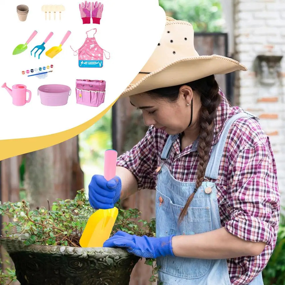 pink plastic garden trowel with yellow handle as part of a kids gardening set featuring gardening tools and watering accessories