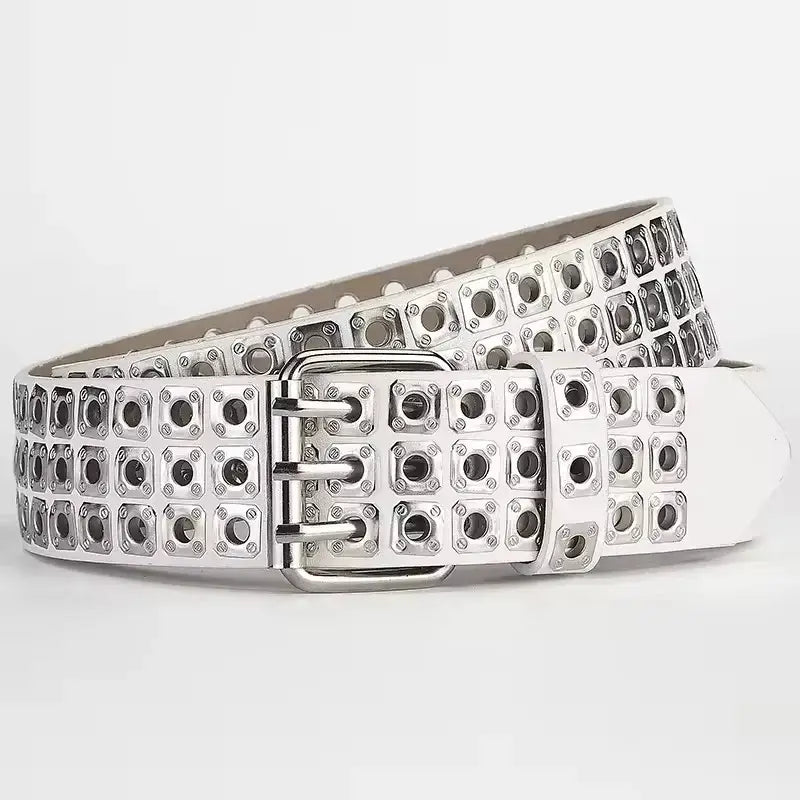 White leather studded leather punk belt featuring a grid of silver-toned square studs and a triple-prong metal buckle.