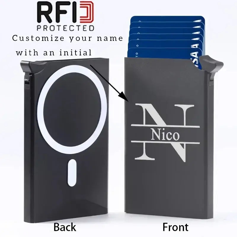 Black personalized magnetic rfid blocking phone card wallet with engraved nico monogram and white charging pad on back