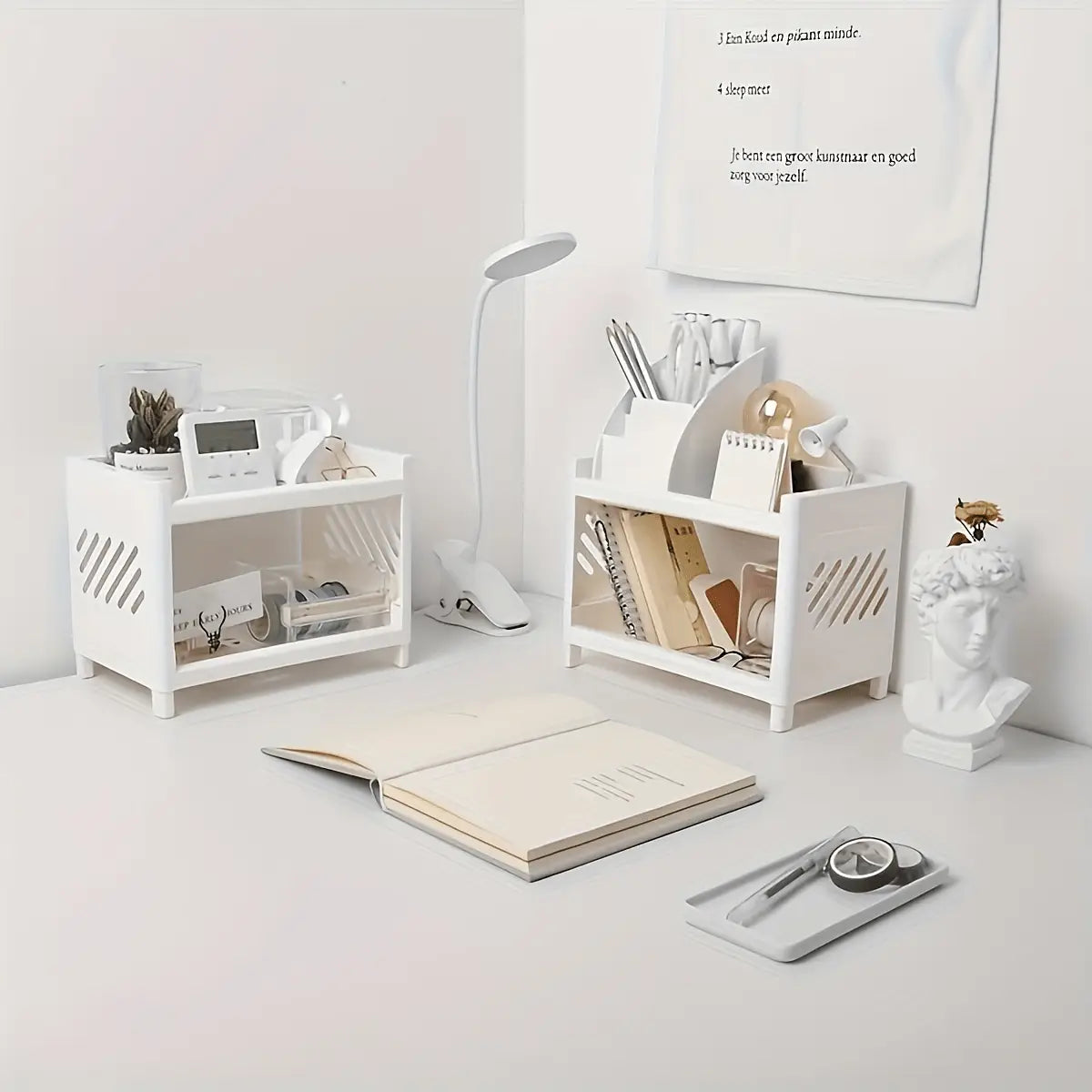 White plastic desk organizer with diagonal slotted sides and two shelves designed for efficient storage and organization.