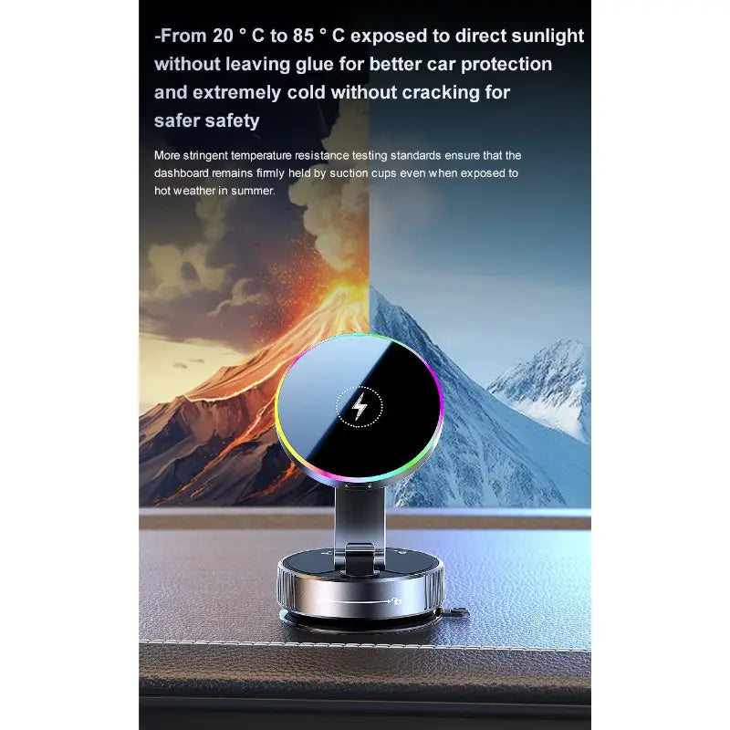 Magnetic wireless car charger and phone mount featuring a circular wireless charger with a sleek black and silver design and a colorful led ring around the charging pad.