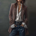 Vintage Ethnic Floral Print Velvet Women's Coat Fall Chic Stand Collar Slim Jacket Cardigan Winter Long Sleeve Female Outerwears