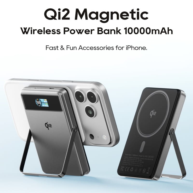Silver and black qi2 magnetic wireless charging power bank with 10000mah capacity and 20w wired output featuring a sleek magnetic design for iphone charging.