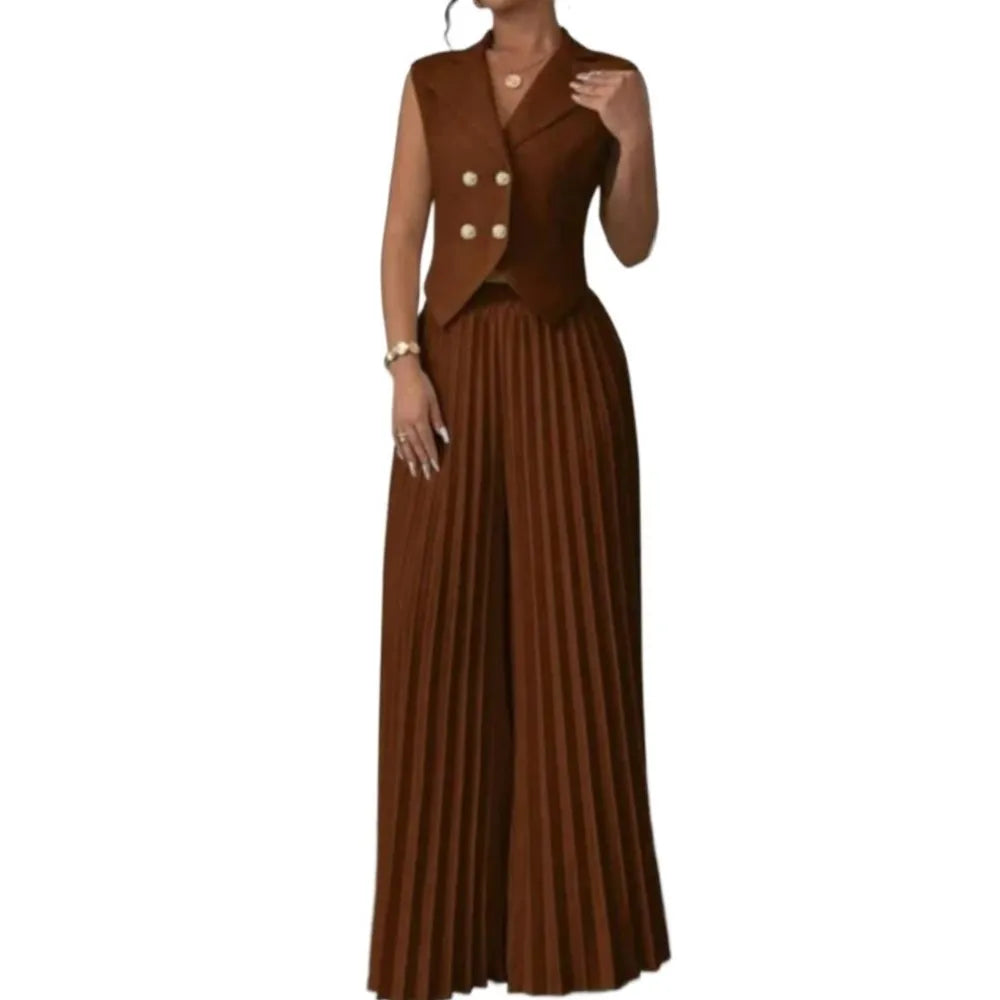 Elegant Formal Women Vest Trousers 2 Pieces Spring New Fashion Retro Wide-leg Pleated Pants Slimming Sleeveless Vest Female Set