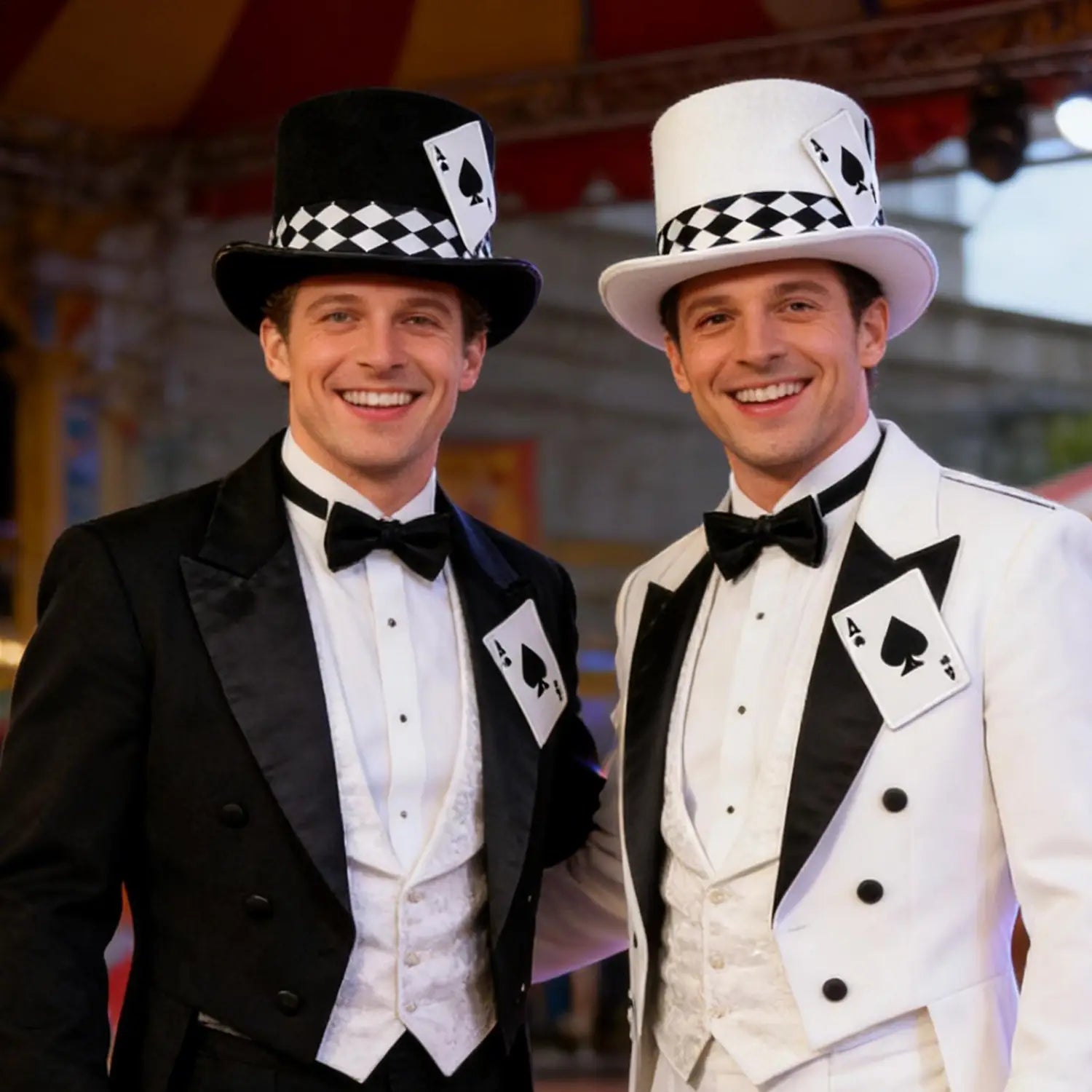 Two men wearing black and white tuxedos with black bow ties don diamond-patterned magician top hats featuring ace of spades playing card costume accessories.