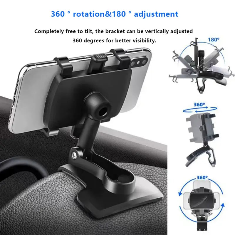schwarze Kunststoff-Kfz-Telefonhalterung mit 360 Grad Drehung und 180 Grad vertikaler Verstellung für eine vielseitige Positionierung auf dem Armaturenbrett in einer 360 Grad verstellbaren Armaturenbrett-Telefonhalterung.